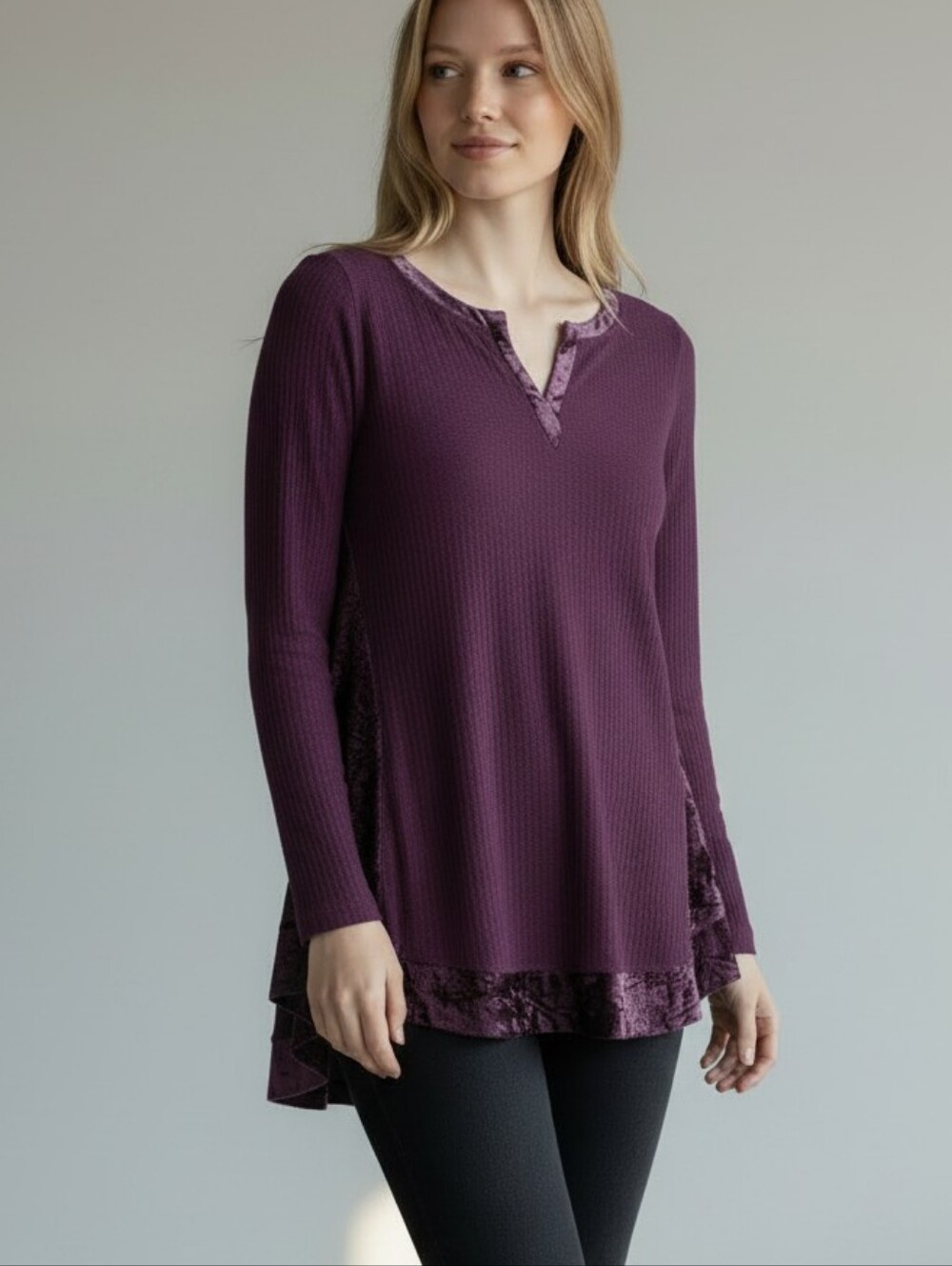 Soft Surroundings Alistair Tunic Top Purple Waffle Knit Velvet Long Sleeves - XL